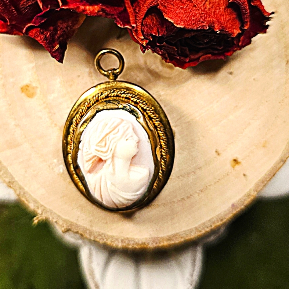 Antique Natural Shell And 18K GF Cameo Pendant Or Broach